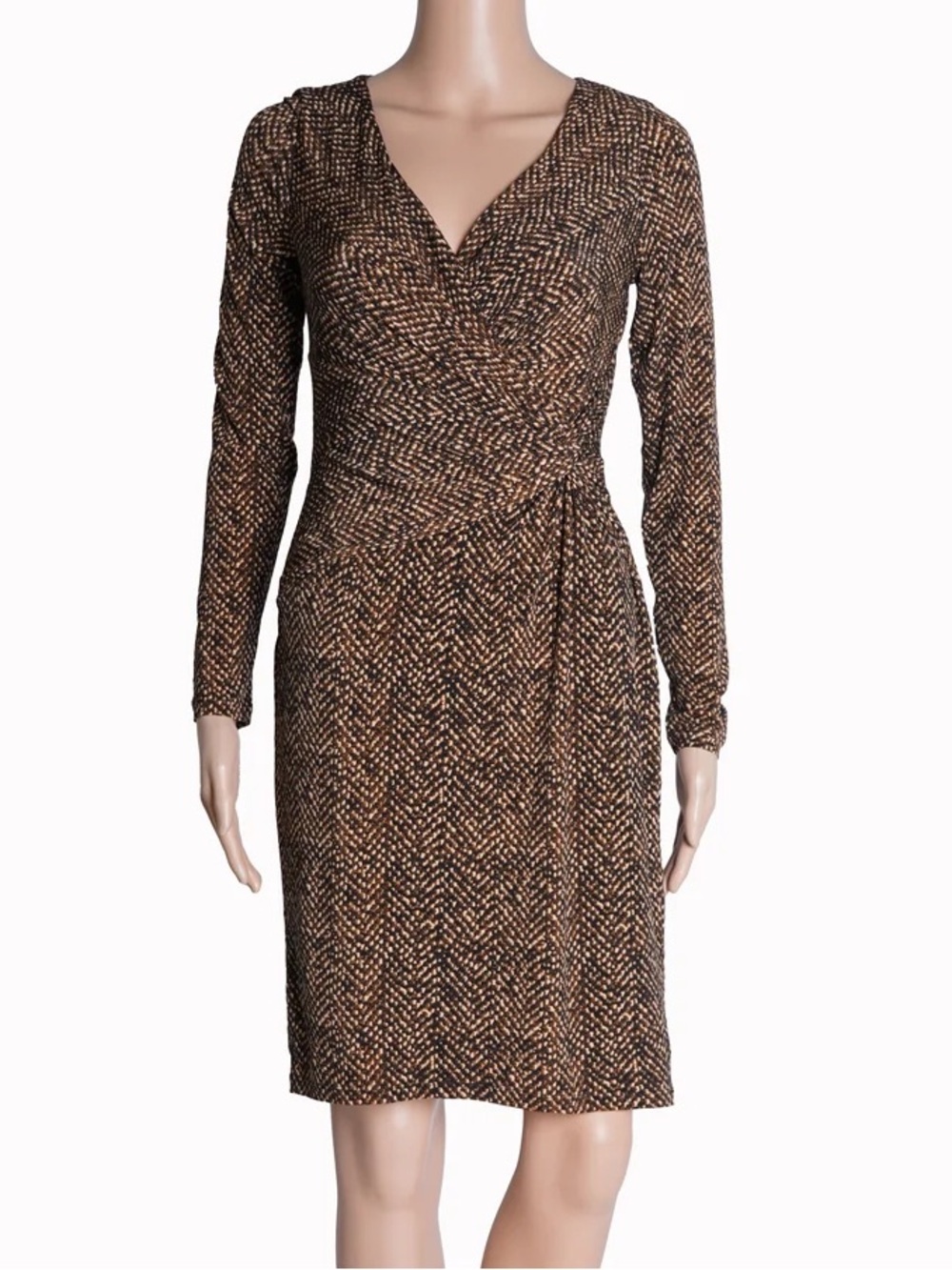 Lauren Ralph Lauren brown cream printed faux wrap long sleeve dress 💜